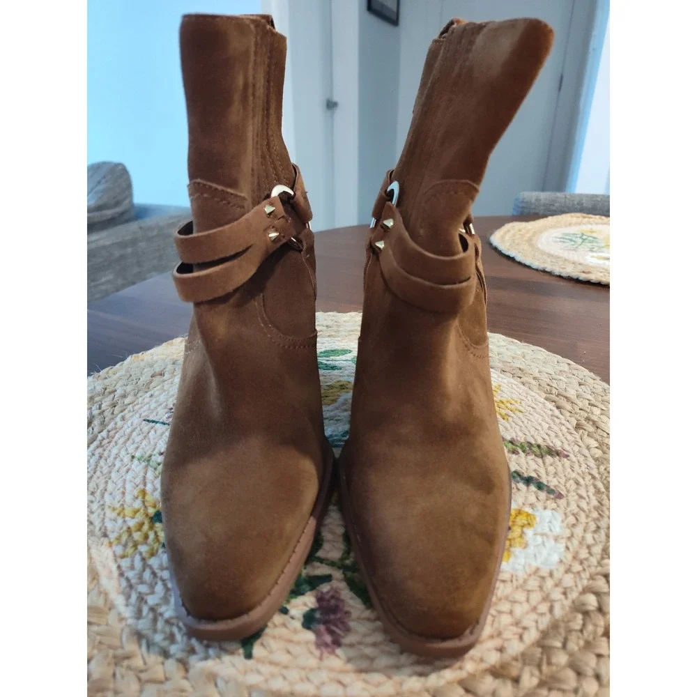 Aldo Brown Suede Ankle Boots Harness Ring Detail Block Heel Pointed Toe Womens 7